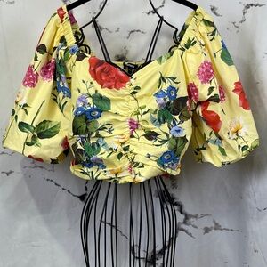 Express Balloon Sleeve Crop Top Floral on Yellow Ruched Front Sweetheart Neck